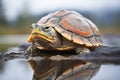 turtle with reflective shell on wet boulder Royalty Free Stock Photo