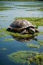 Gorgeous Turtle Resting on Aquatic Plants in Calm Water Royalty Free Stock Photo