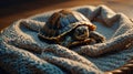 Adorable Baby Turtle Resting on Cozy Knitted Blanket Royalty Free Stock Photo