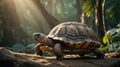 Majestic Tortoise Walking on Forest Trail at Sunrise Royalty Free Stock Photo