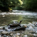 A turtle rests on a rock in a gently flowing stream surrounded by lush greenery. The turtle has a Royalty Free Stock Photo