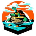 Turtle on a rock in the sea. Vector illustration. Cartoon style. Generative AI Royalty Free Stock Photo