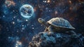 Turtle on a rock in space in front of planet Earth, a fantastic scene Royalty Free Stock Photo