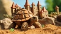 a turtle in sand with a castle in the background Royalty Free Stock Photo