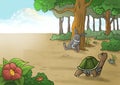 Turtle saw a rabbit sleeping under a tree illustration