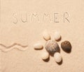 Turtle of sea stones and summer lettering on sand