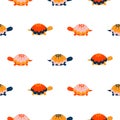 Turtle seamless vector pattern. Cartoon style red fun tortoise background. Royalty Free Stock Photo