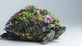 A turtle with a shell covered in various plants and flowers