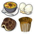 Turtle shell, eggs, soup and comb. Animal concept