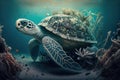 Turtle with a shell of garbage polluting the ocean in a coral reef underwater. Royalty Free Stock Photo