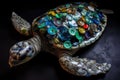 Turtle with shell of plastic caps and garbage, world ocean pollution, environmental disaster. Generative A Royalty Free Stock Photo