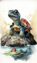 Turtle Sitting on a Rock in a Splash of Color