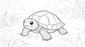 Cute Baby Tortoise Walking in Grass Black and White Line Art Royalty Free Stock Photo