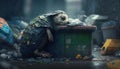 A turtle sleeps among the piles of plastic waste, concept of saving the world. Generative AI