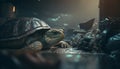 A turtle sleeps among the piles of plastic waste, concept of saving the world. Generative AI