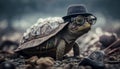A turtle sleeps among the piles of plastic waste, concept of saving the world. Generative AI