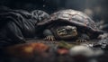 A turtle sleeps among the piles of plastic waste, concept of saving the world. Generative AI