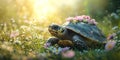 Turtle with Soft Flower Petals Growing from Its Shell Royalty Free Stock Photo
