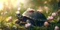 Turtle with Soft Flower Petals Growing from Its Shell Royalty Free Stock Photo