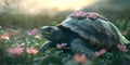 Turtle with Soft Flower Petals Growing from Its Shell Royalty Free Stock Photo