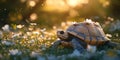Turtle with Soft Flower Petals Growing from Its Shell Royalty Free Stock Photo