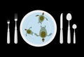 Turtle soup. Delicatessen food. Cutlery. Table etiquette. Forks, spoons and knives