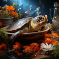 Turtle soup, ready dish illustration, delicacy. Cooked food from living beings