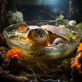 Turtle soup, ready dish illustration, delicacy. Cooked food from living beings