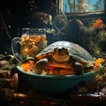 Turtle soup, ready dish illustration, delicacy. Cooked food from living beings