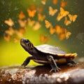 Turtle is standing on a rock with butterflies flying around it