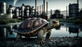 turtle stands watching a petrochemical refinery at sunrise. Generative AI Royalty Free Stock Photo