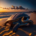 Turtle with sunglasses on sandy beach, generative ai