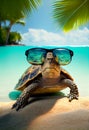 Turtle in sunglasses on the seashore. AI generated