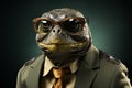 Turtle with sunglasses wearing suit and tie on solid green background. Generative AI