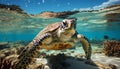 Turtle swimming in blue sea, underwater adventure generated by AI