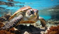 Turtle swimming in blue water, showcasing nature beauty underwater generated by AI