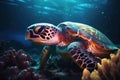 A turtle swimming at the bottom of the sea. Coral reef and fish. Generative AI Royalty Free Stock Photo