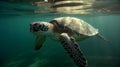 the turtle is swimming in the clear water while looking forward