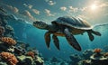 A turtle is swimming in the ocean with a sun in the background. Royalty Free Stock Photo