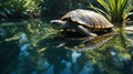 Serene Turtle Resting on a Pond Rock, Reflecting in Crystal Clear Water Royalty Free Stock Photo