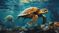 turtle swims among the corrals. Oil painting