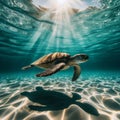 Turtle swims in crystal clear open sea, with sun rays