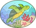 Turtle swims at a depth