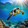 turtle swims underwater in the against the backdrop of beautiful summer Royalty Free Stock Photo