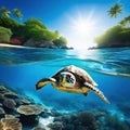 turtle swims underwater in the against the backdrop of beautiful summer Royalty Free Stock Photo