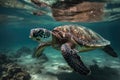 A turtle swims underwater on a coral reef