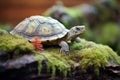 turtle with textured shell resting on a mossy log
