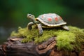 turtle with textured shell resting on a mossy log