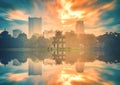 Turtle Tower on Hoan Kiem Lake at sunrise in Hanoi, Vietnam. Vintage tone Royalty Free Stock Photo