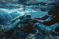 turtle trapped in a net being helped by a diver